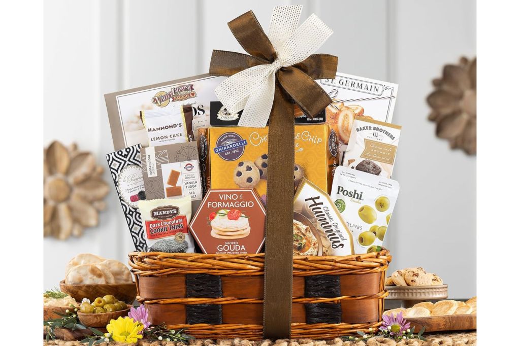 A gift basket with dessert foods.