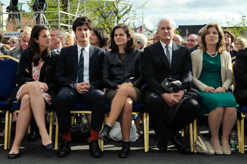 NEW ROSS, IRELAND - JUNE 22: Tatiana Schlossberg, Jack Schlossberg, Rose Schlossberg, Edwin Schlossberg and Caroline Kennedy attend a ceremony to commemorate the 50th anniversary of the visit by US President John F Kennedy, on June 22, 2013 in New Ross, Ireland. The Eternal Flame from Kennedy's grave was used to light a flame on the quayside where he gave a speech in 1963. (Photo by Clodagh Kilcoyne/Getty Images)