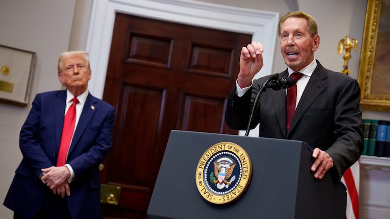 Oracle co-founder, CTO and Executive Chairman Larry Ellison, accompanied by U.S. President Donald Trump in the Roosevelt Room of the White House on January 21, 2025 in Washington, DC. Trump announced an investment in artificial intelligence (AI) infrastructure and took questions on a range of topics including his presidential pardons of Jan. 6 defendants, the war in Ukraine, cryptocurrencies and other topics.