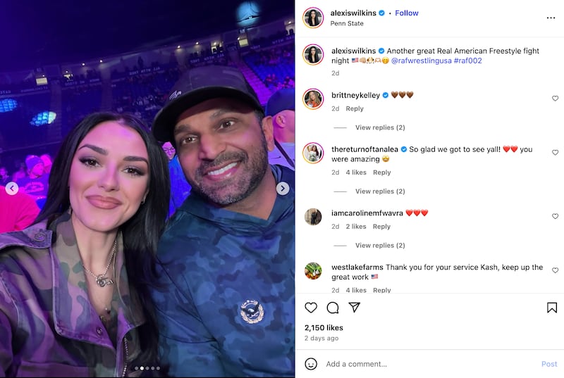 Alexis Wilkins' Instagram post with Kash Patel at the Real American Freestyle wrestling event at Penn State