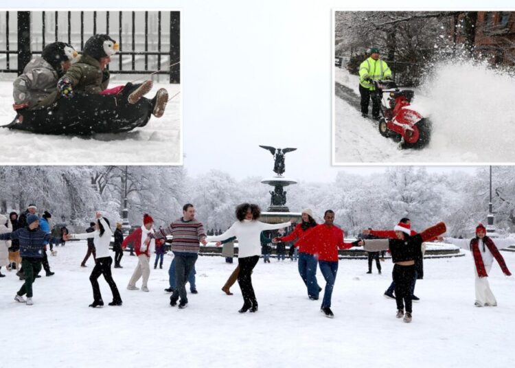 NYC blanketed in snow as kids, dogs and dancers delight