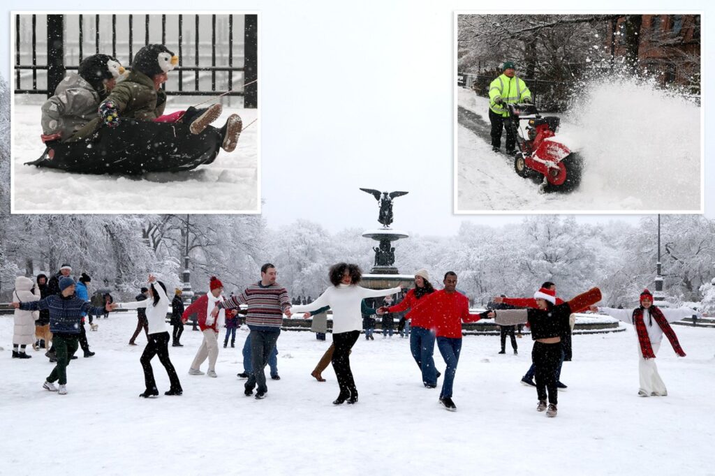 NYC blanketed in snow as kids, dogs and dancers delight