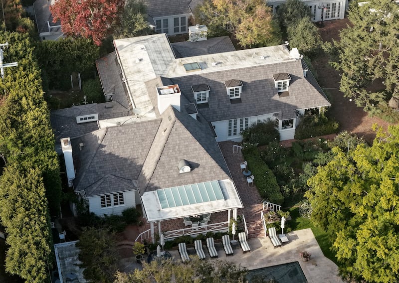 BRENTWOOD, CALIFORNIA - DECEMBER 16: An aerial view of director Rob Reiner's home on December 16, 2025 in Brentwood, California. The LAPD confirmed that Rob Reiner and his wife Michele Singer Reiner were found dead in their Brentwood home. Their son Nick was arrested in connection to their deaths and will be charged with two counts of first-degree murder, according to the Los Angeles County district attorney. (Photo by Mario Tama/Getty Images)