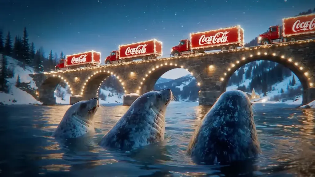 A group of seals looks at Coca-Cola trucks on a bridge in an AI-generated video