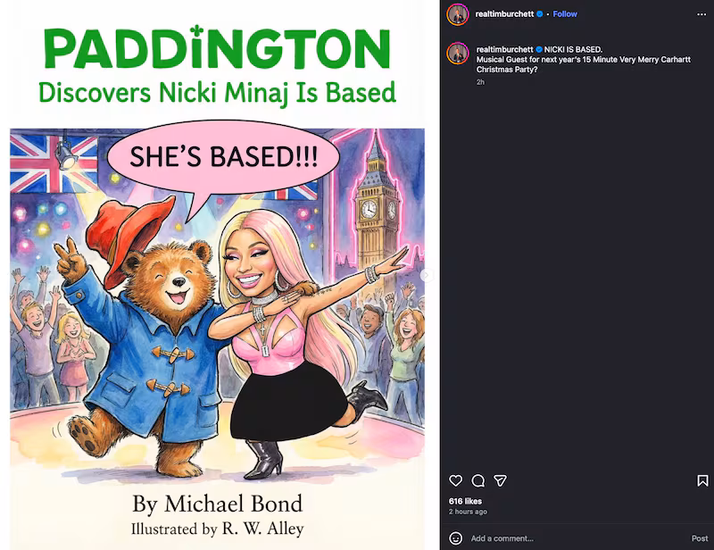 Tim Burchett posts about Nicki Minaj and Paddington on Instagram.