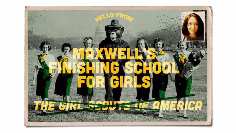Vintage inspired postcard showing girl scouts being renamed