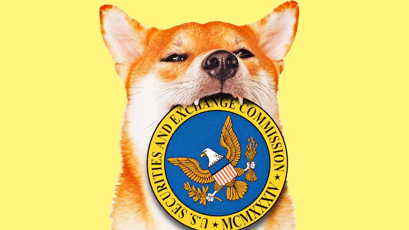 A photo illustration of shibu inu DOGE dog with the SEC logo.