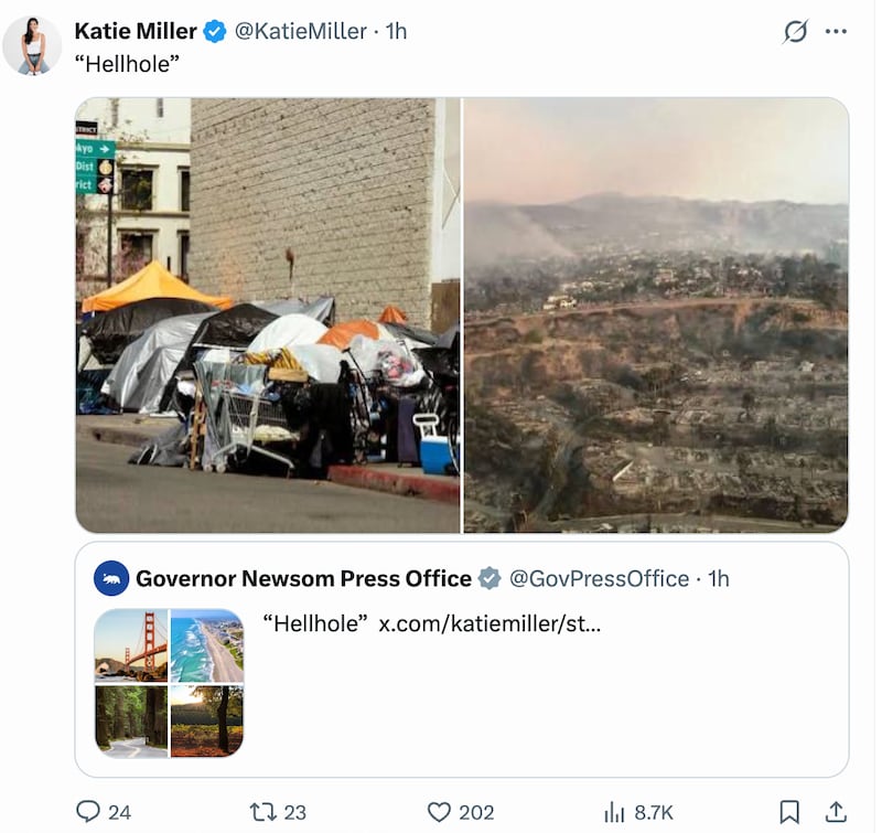 Miller took aim at the state of the Golden State on X.