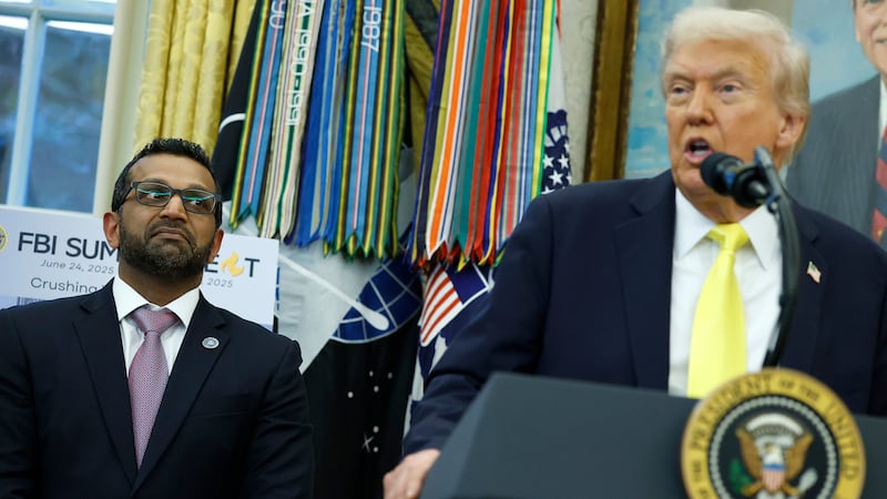 President Donald Trump speaks alongside Federal Bureau of Investigation Director Kash Patel