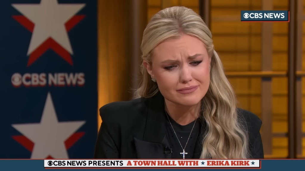 Erika Kirk crying during a CBS News town hall.