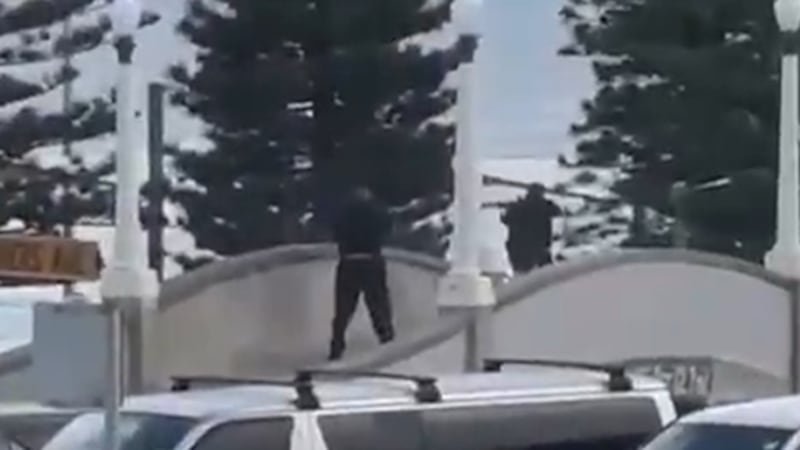 Two suspected shooters can be seen firing from a pedestrian bridge toward the park that surrounds Bondi Beach.