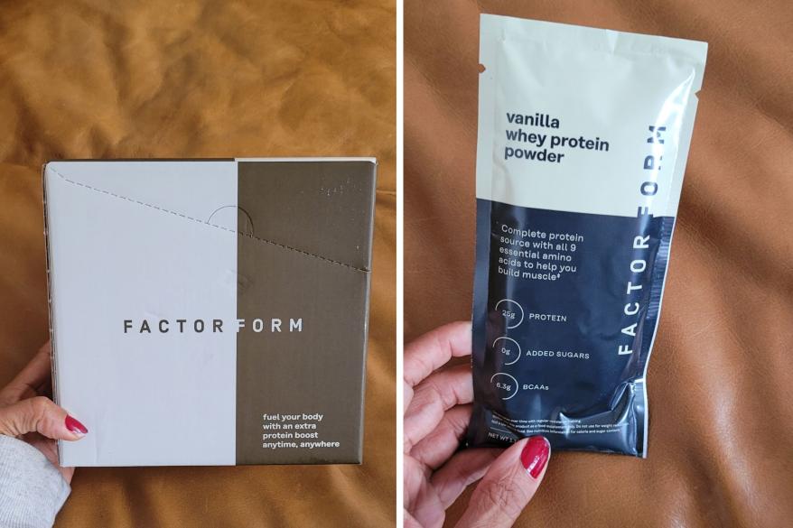 A side by side of Factor Form's protein powder box, and a protein powder packet.