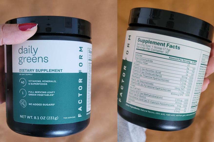A side by side of Factor Form's Daily Green Powder