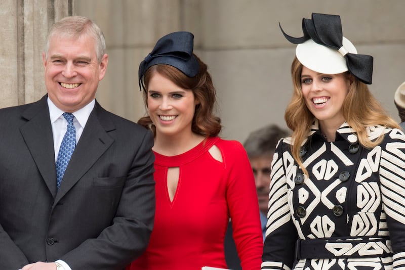 LONDON, ENGLAND - JUNE 10: Prince Andrew, Duke of York with Princess Beatrice and Princess Eugenie attend a National Service of Thanksgiving as part of the 90th birthday celebrations for The Queen at St Paul's Cathedral on June 10, 2016 in London, England. (Photo by Mark Cuthbert/UK Press via Getty Images)
