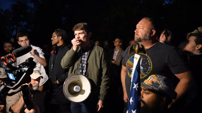 Nick Fuentes, Alex Jones, Ali Alexander during a 'Stop the Steal,' Far-Right Rallies leaders, broadcaster rally at the Governor's Mansion in Georgia November 19th, 2020 as the state finishes the recount in the Presidential election - calling on Governor Kemp to help President Trump.