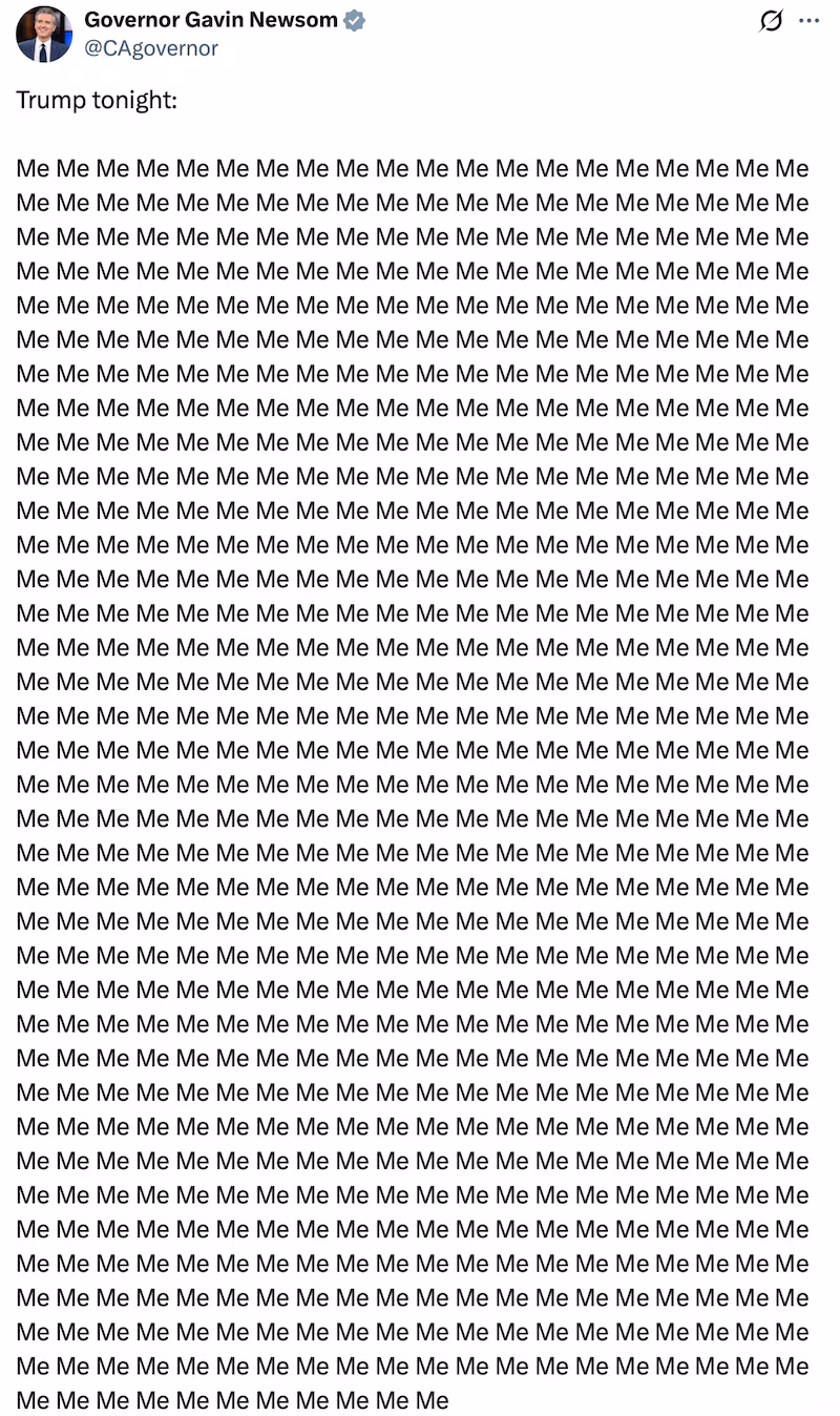 Gavin Newsom trolls Donald Trump on X after his address to the nation.