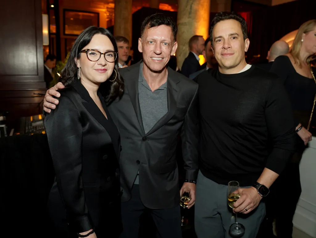 Bari Weiss with Peter Thiel and Matt Danzeisen at an Uber, X and The Free Press event. (Credit: Leigh Vogel/Getty Images for Uber, X and The Free Press)