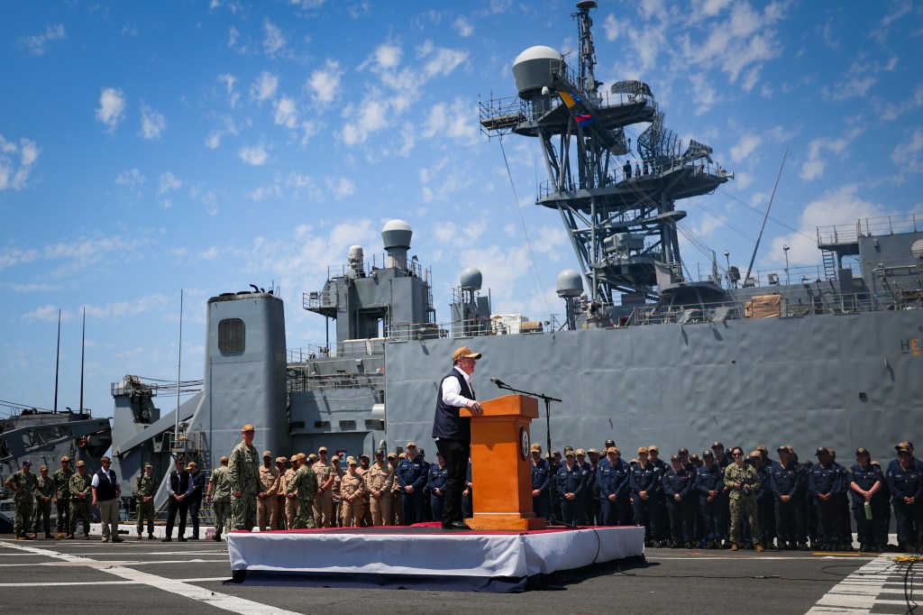 Navy Secretary John Phelan speaks to sailors on the USS Somerset on Tuesday, Aug. 26, 2025 in National City, California.