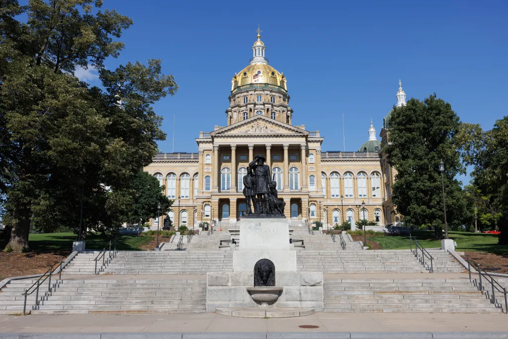 The Pioneers of the Territory statue Wednesday, Aug. 7, 2024, at the Iowa State Capitol in Des Moines, Iowa.
