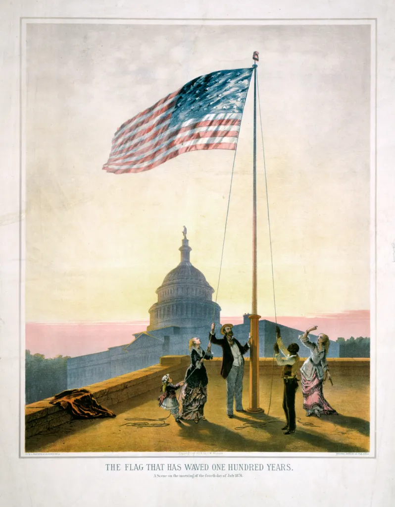 Illustration of a diverse group of people raising an American flag on the rooftop with the Capitol building in the background.