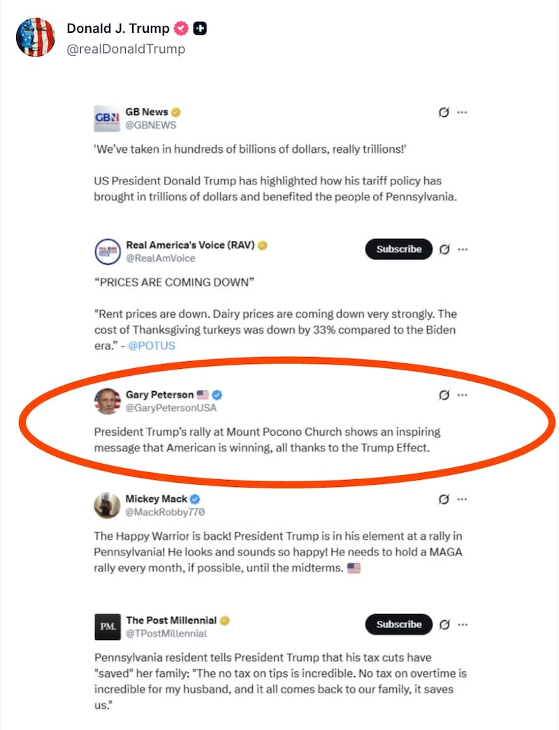 President Donald Trump’s post to Truth Social included an account—Gary Peters—that frequently trolls him and his supporters.