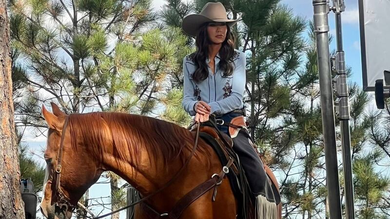 Kristi Noem films her latest for-TV ad, which has raised question's around its funding and a conflict of interest with her main spokesperson, Tricia McLaughin.