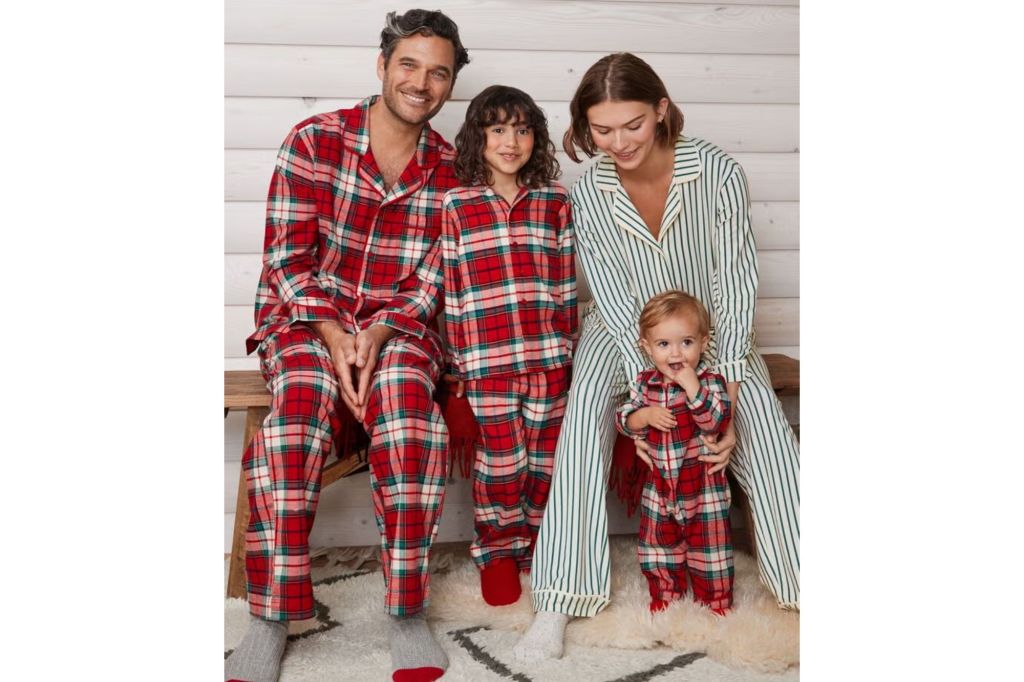 A family in holiday pajamas.