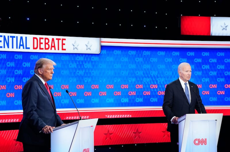 Former president Donald Trump and President Joe Biden participate in the first presidential debate of the 2024 elections at CNN's studios in Atlanta, Ga on Thursday, June 27, 2024. The debate was moderated by CNN's Jake Tapper and Dana Bash.