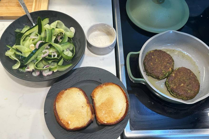 Food arranged on two plates side by side