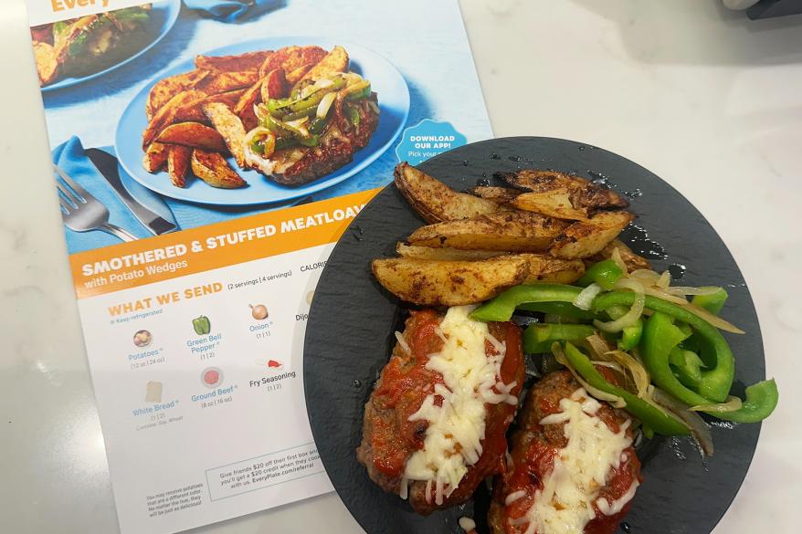 A homemade meat loaf and recipe card.