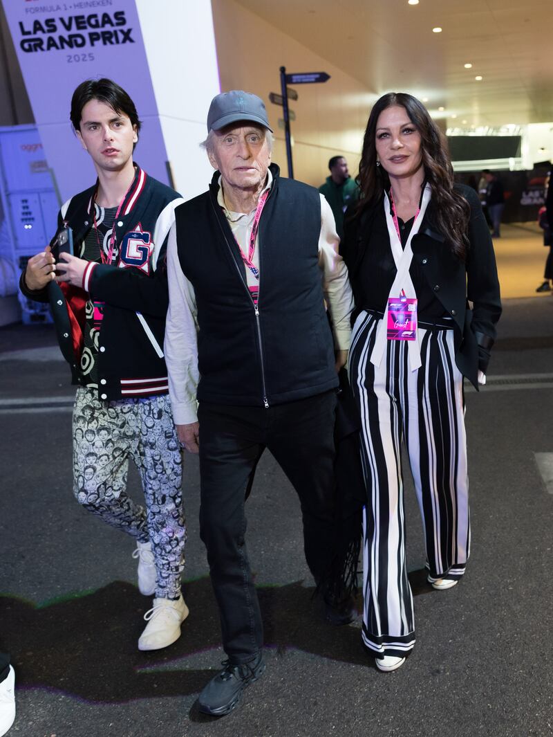 Dylan Douglas, Michael Douglas and Catherine Zeta-Jones during the F1 Grand Prix of Las Vegas