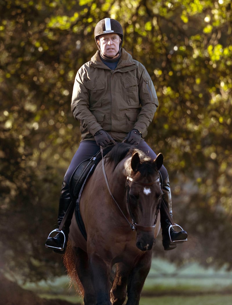 Andrew Mountbatten-Windsor, formerly Prince Andrew The Duke of York, is seen on December 13, 2025 horseback riding on the grounds of Windsor Castle in Windsor, UK.