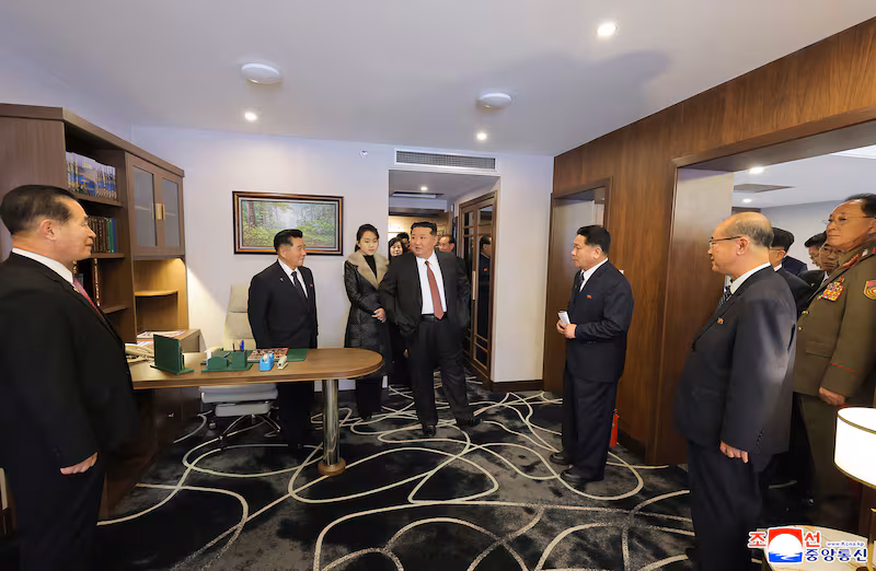 This picture taken on December 20, 2025 and released by North Korea's official Korean Central News Agency (KCNA) via KNS on December 23, 2025 shows North Korean leader Kim Jong Un (L) and his daughter Ju Ae inspecting the Ikkal Hotel, which was recently completed in the Samjiyon tourist district of Ryanggang Province. (Photo by KCNA VIA KNS / AFP via Getty Images) / South Korea OUT / ---EDITORS NOTE--- RESTRICTED TO EDITORIAL USE - MANDATORY CREDIT 