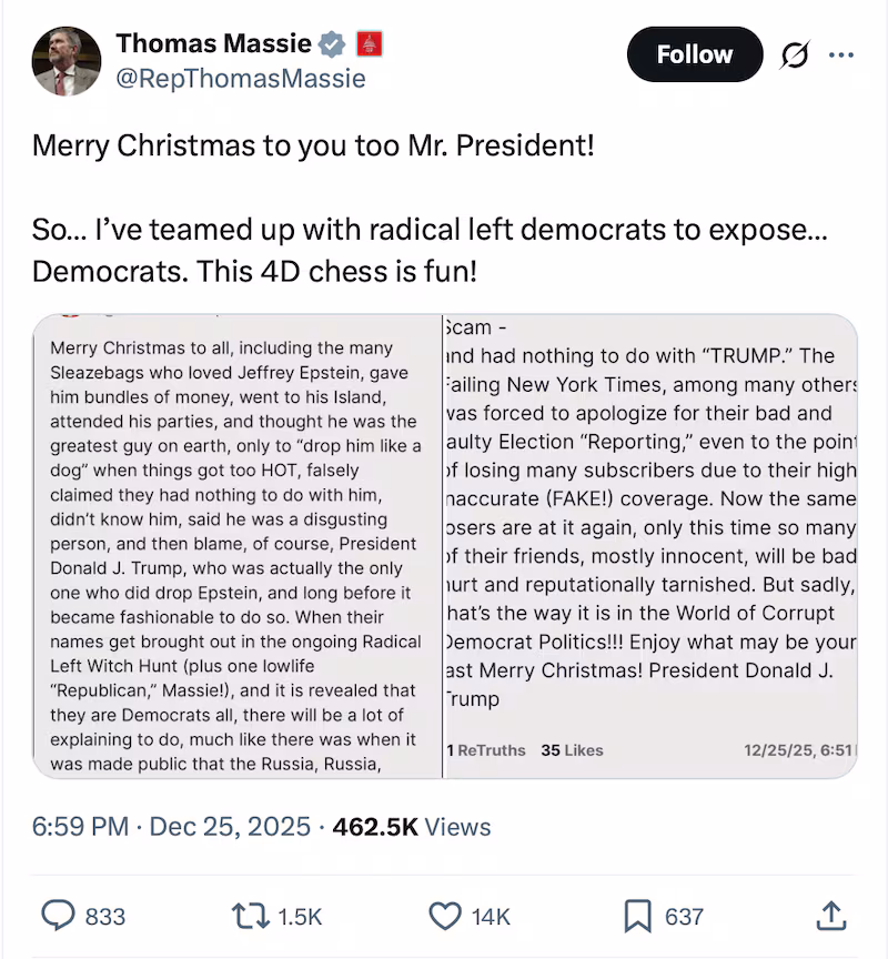 Massie, who helped lead the House effort to force the DOJ to release its Epstein Files, mocked the president's logic.