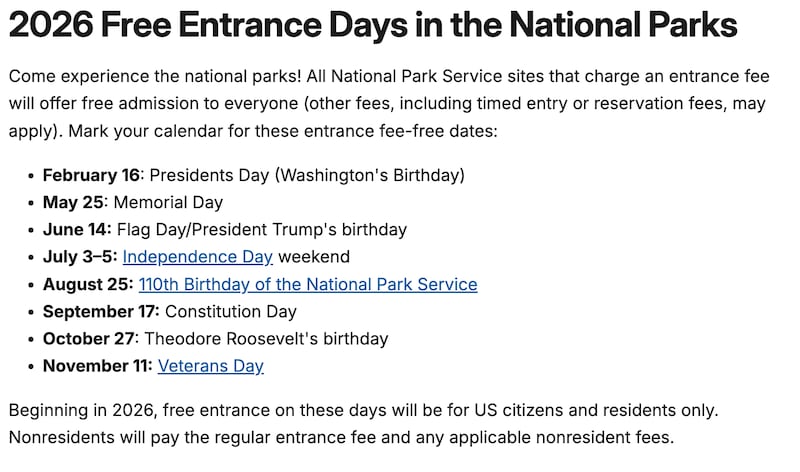 2026 National Park free entrance days