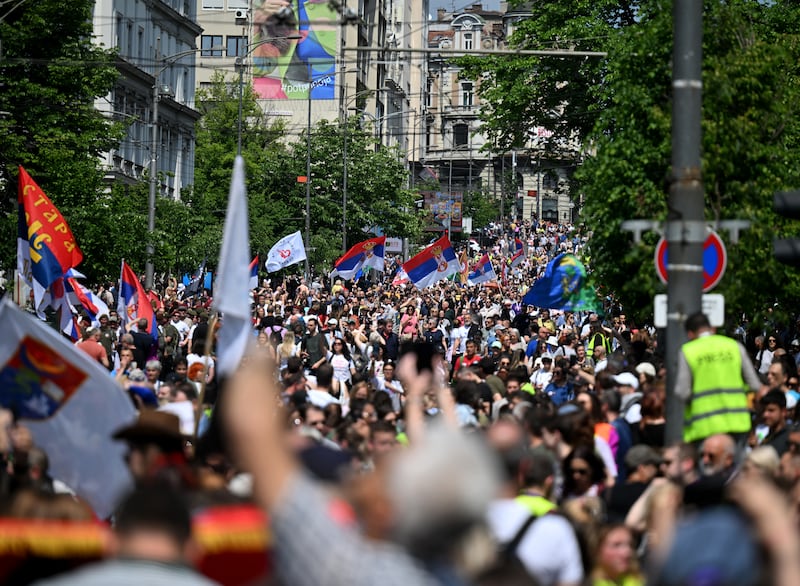 Thousands of people protest in Belgrade on May 1.