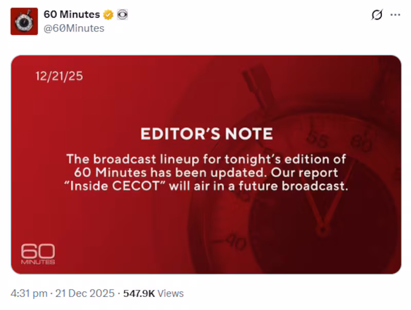 '60 Minutes' announced the last-minute scheduling change less than three hours before the show was set to air.
