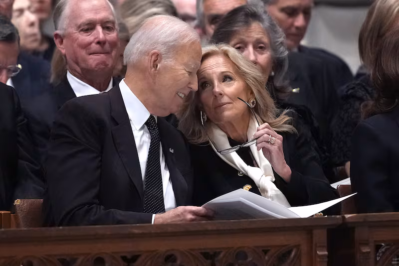 Joe and Jill Biden attend the funeral service of former Vice President Dick Cheney at the National Cathedral on Nov. 20, 2025, in Washington, D.C.