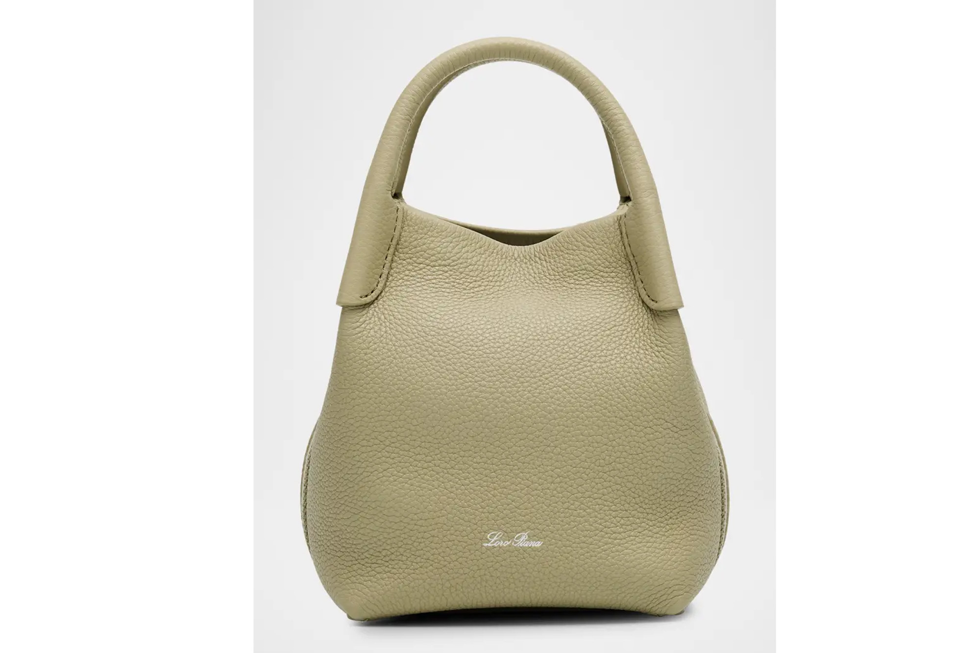 Light green pebbled leather bucket bag with a top handle and