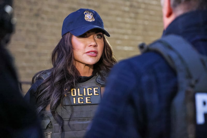 In this handout photo provided by U.S. Immigration and Customs Enforcement, the New York City Fugitive Operations Team, joined by DHS Secretary Kristi Noem, conducted targeted enforcement operations.