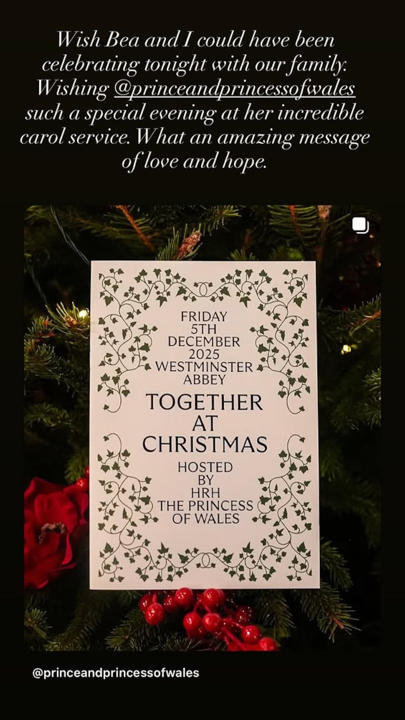 Princess Eugenie's Instagram post revealing that her and her sister Beatrice will not be attending Princess Kate's carol service.