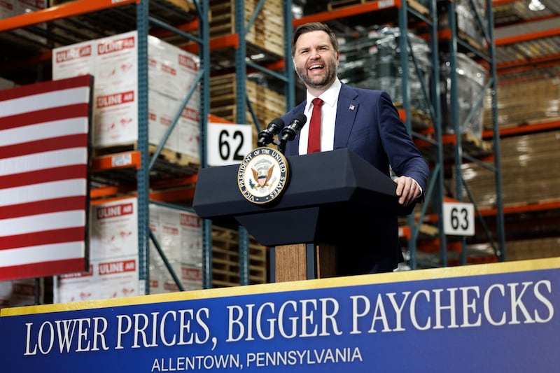 President JD Vance delivers remarks at Uline Inc. on December 16, 2025 at Lehigh Valley International Airport in Allentown, Pennsylvania.