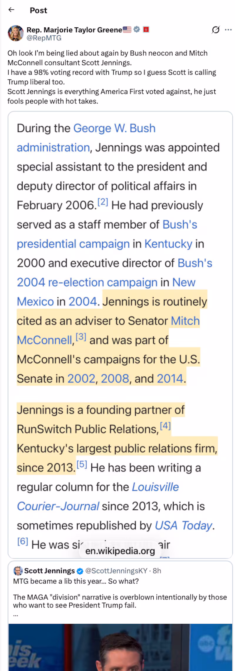 Greene used Jennings' biography against him, claiming the former Bush administration staffer and Mitch McConnell adviser did not represent 