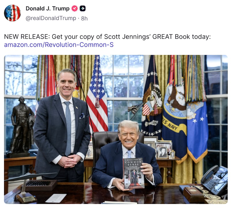 Donald Trump plugs Scott Jennings' book on Truth Social.