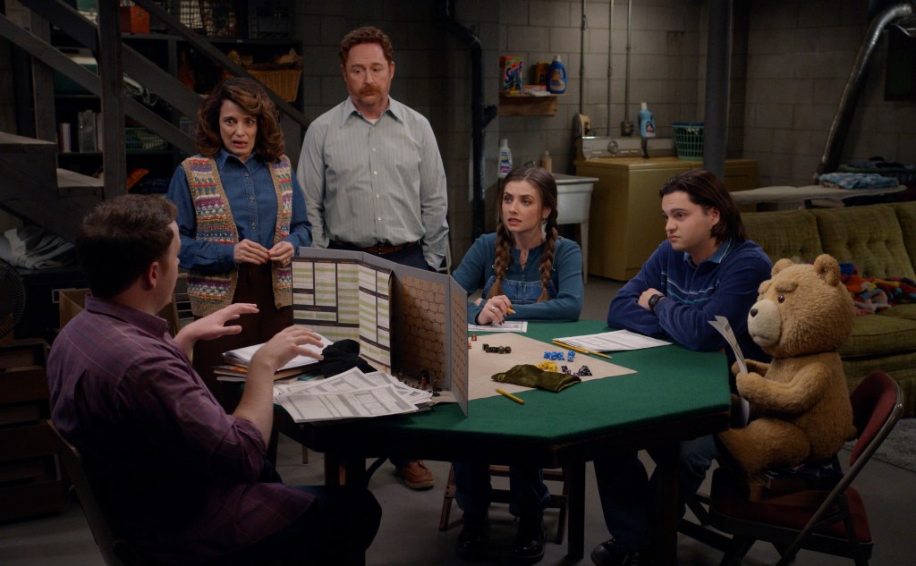 Left to Right: Alanna Ubach as Susan, Scott Grimes as Matty, Giorgia Whigham as Blaire, Max Burkholder as John, Seth MacFarlane as Ted gathered around a game table (Peacock)