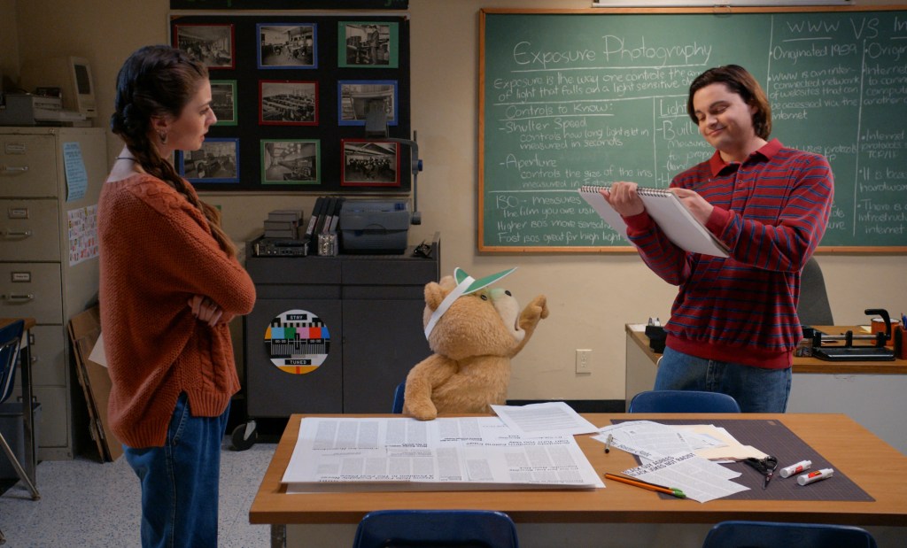 Giorgia Whigham as Blaire, Seth MacFarlane as Ted, Max Burkholder as John (Peacock)