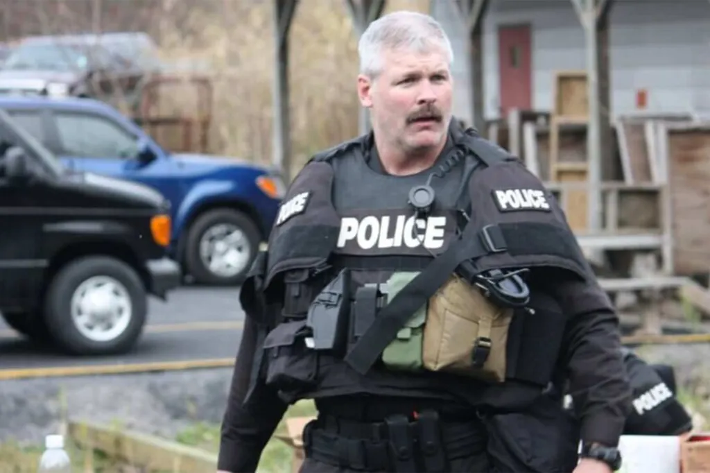 A police officer in tactical gear with a mustache and short gray hair looking to the right.