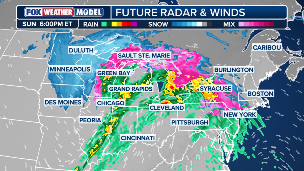 Ahead of the front, rain will sweep across the eastern Great Lakes. As the front extends south into the Tennessee Valley, some stronger storms, potentially severe, may develop.