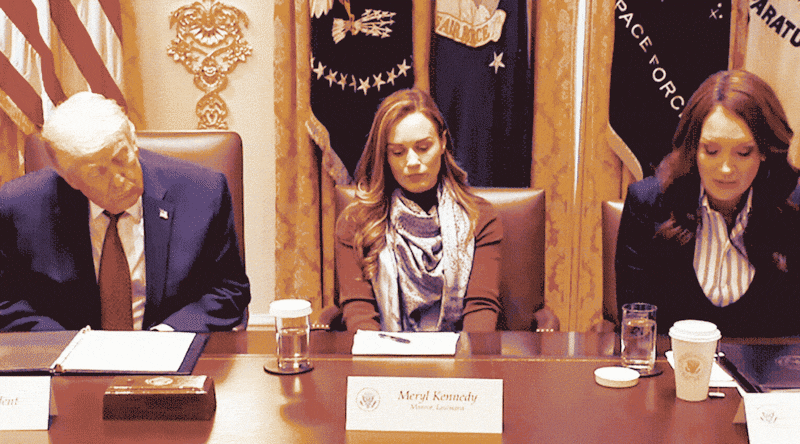 An animated GIF of President Donald Trump appearing to nod off during a roundtable at The White House.