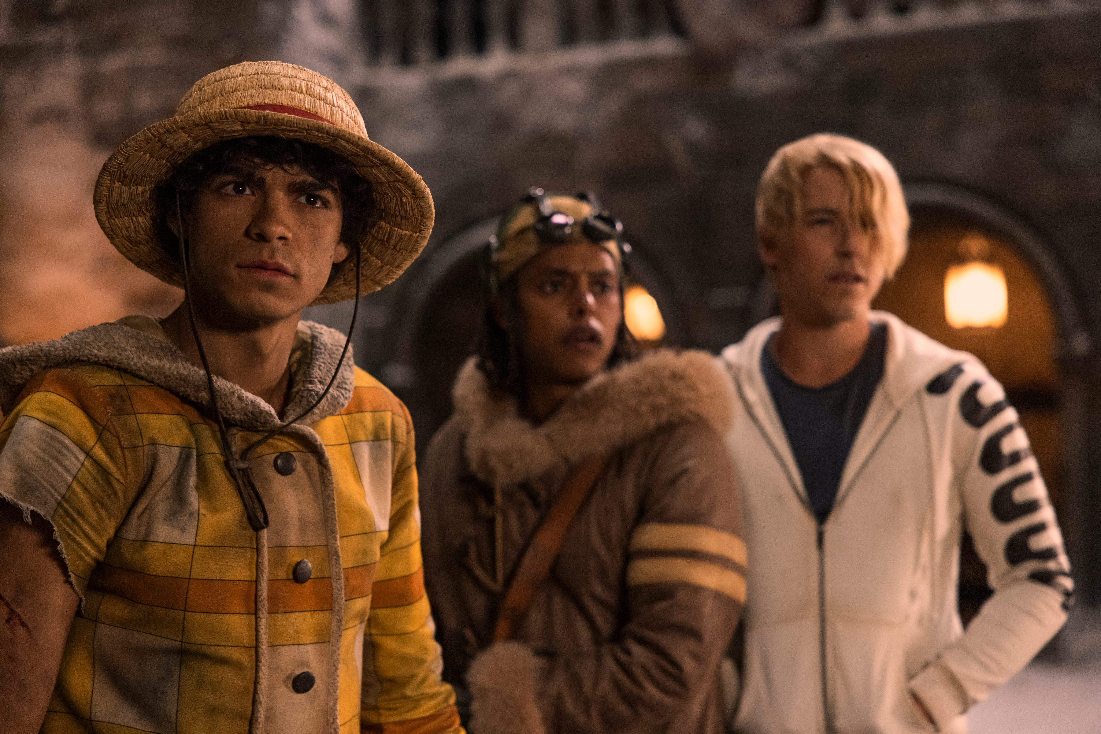 One Piece. (L to R) Iñaki Godoy as Monkey D. Luffy, Jacob Romero as Usopp, Taz Skylar as Sanji in season 2 of One Piece. Cr. Casey Crafford/Netflix © 2025
